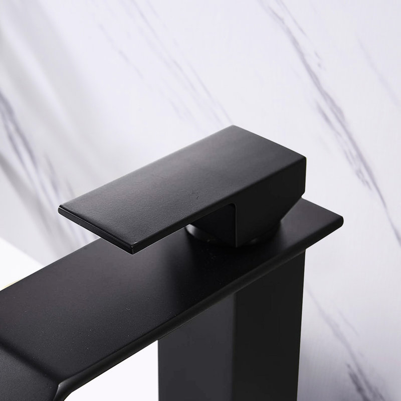Robinet pour salle de bain à poignée simple Waterfall Spout en noir mat, fabriqué en acier inoxydable noir, Black