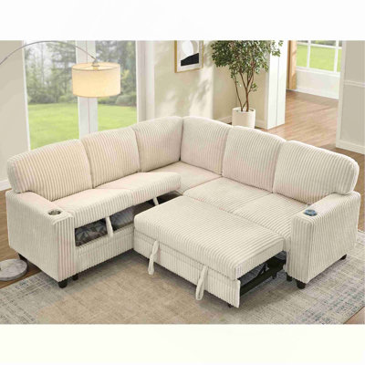 Canapé-lit modulaire en L avec lit escamotable et rangement, canapé-lit 5 places avec chargement USB, conception convertible pour salon, appartement, tissu en velours côtelé, beige