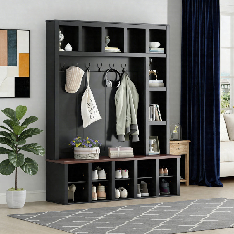 Farmhouse Wooden Hall Tree With Storage Bench, 6 Hooks Entryway Shoe Cabinet With Adjustable Shelves And Open Cubbies, Black