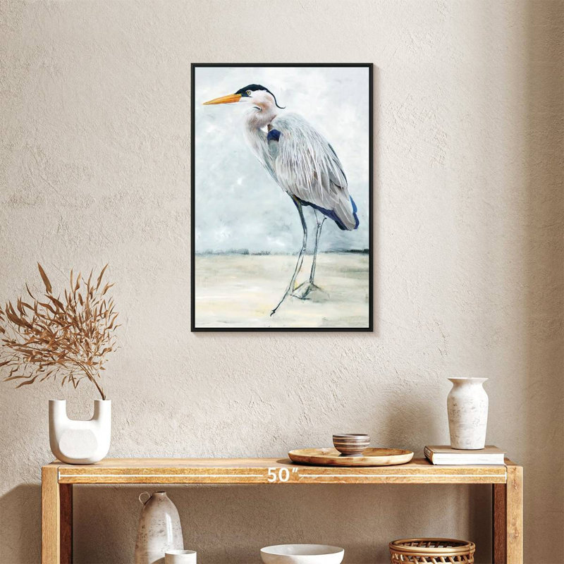 Héron bleu plage I, Cadre flottant noir, 21 po x 31 po