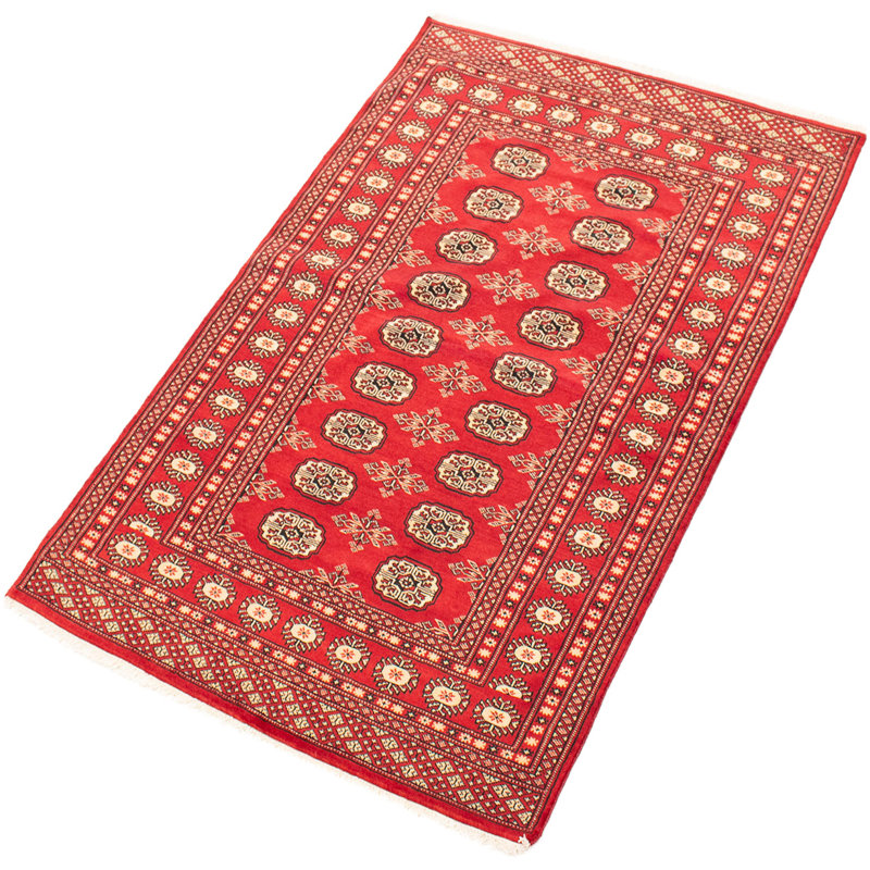 Tapis unique en laine noué à la main style Bokhara des années 2010 de 4 pi x 6 pi 3 po rouge / brun / brun clair Gunnulf