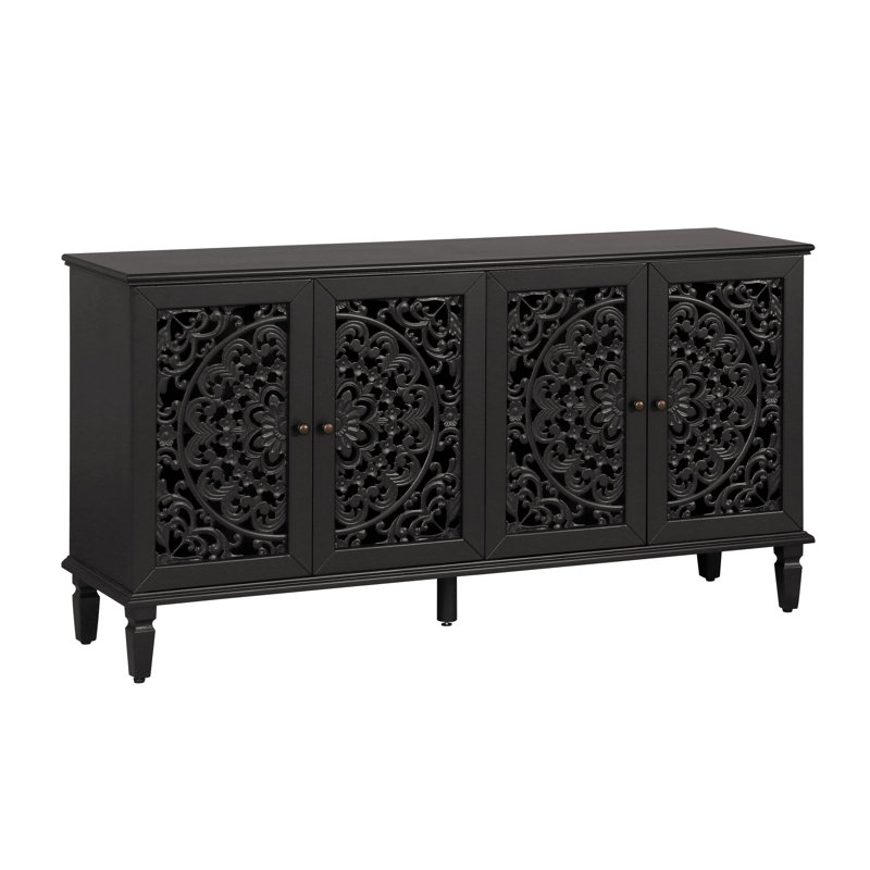 60" Antique Buffet Cabinet With Floral Carvings With Solid Wood Legs&Antique Brass Handles&Adjustable Shelves, Tv Stand For 65''+ Tv, Sideboard For Living Room,Dining Room