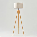 Emma 61 in. Mid-Century Modern LED Energy-Efficient Floor Lamp with Fabric Drum Shade and Tripod Wooden Legs