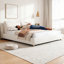 Lit plateforme tapissier en tissu avec tête de lit amovible Boucle, blanc, sans sommier tapissier-741201211