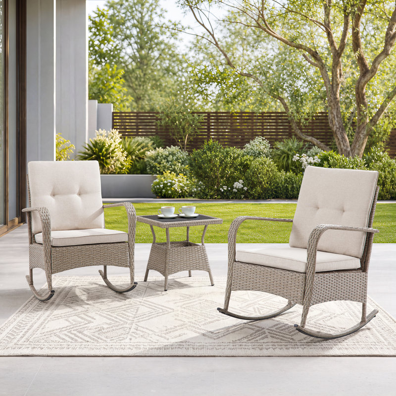 Baecher 2-Person Wicker Rocking Outdoor Seating Group with Glass-Top Side Table, Beige