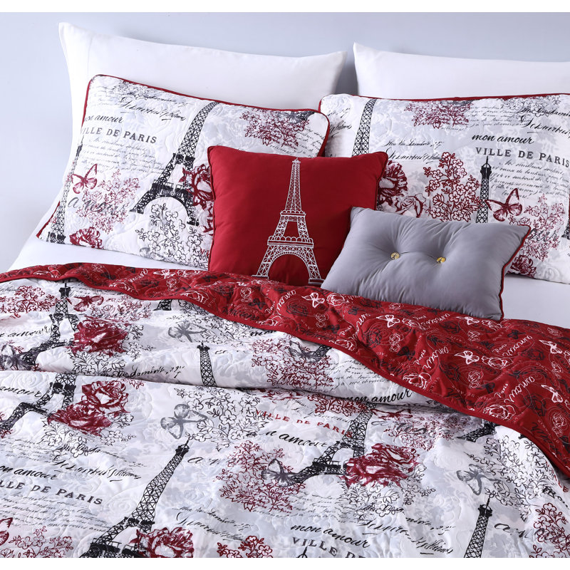 Amour Polyester Toile Quilt, King Quilt + 2 Shams + Throw Pillow, White/Black/Red