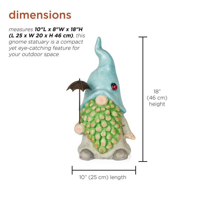 Gnome de 18 po avec chapeau turquoise et parasol argenté pour jardin, patio et pelouse