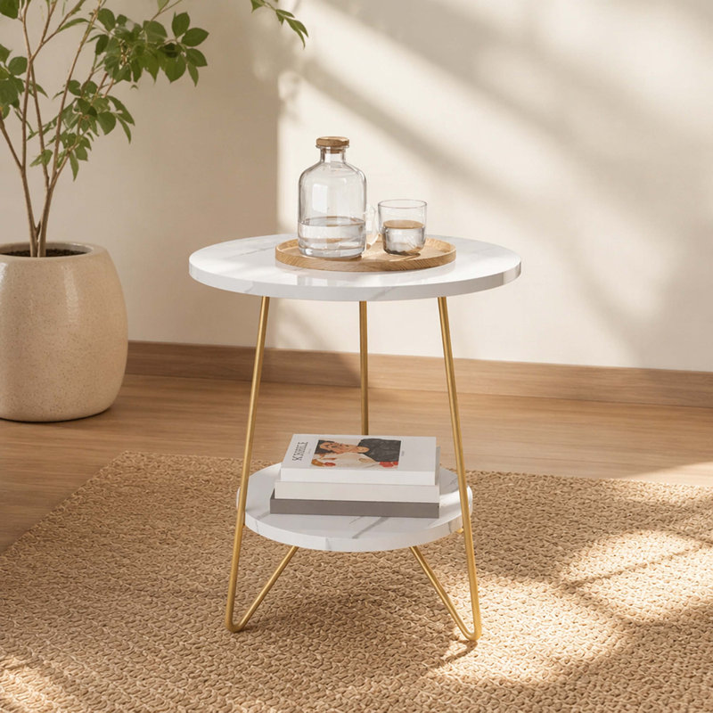 Table d'appoint ronde à 2 niveaux en faux marbre blanc, table de chevet d'appoint moderne avec pieds en épingle à cheveux dorés