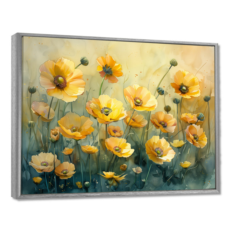 Décoration murale jaune avec bouton d'or jaune et brise de fleur III - Buttercups, Toile argentée avec cadre flottant