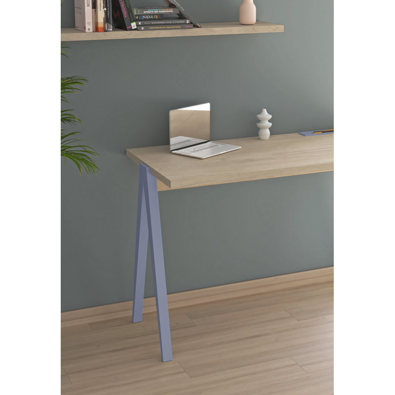 Dikili Solid Wood Base Writing Desk, Light Oak/Blue