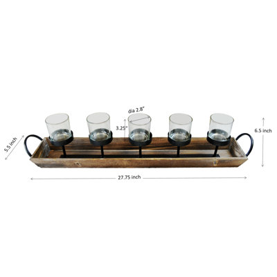 Centre de table candélabre à 5 piliers avec coupes en verre et plateau en bois rustique