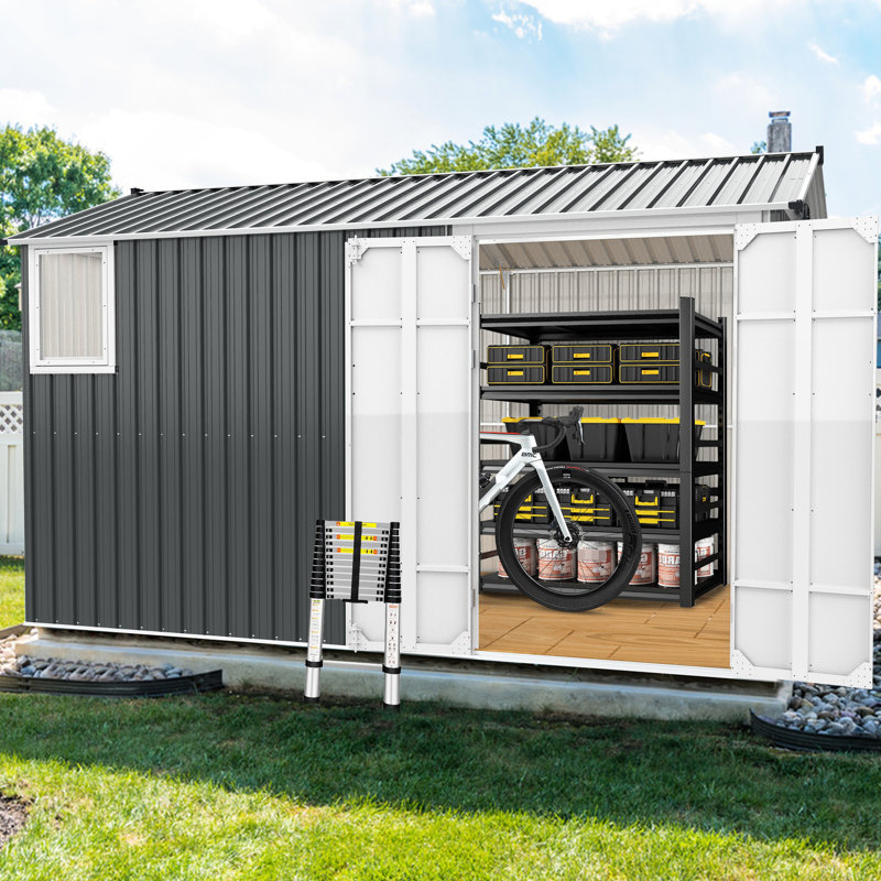 Abri de jardin en métal gris foncé 8 x 12 pi avec serrure de sécurité, fenêtre d'aération et structure de plancher renforcée.