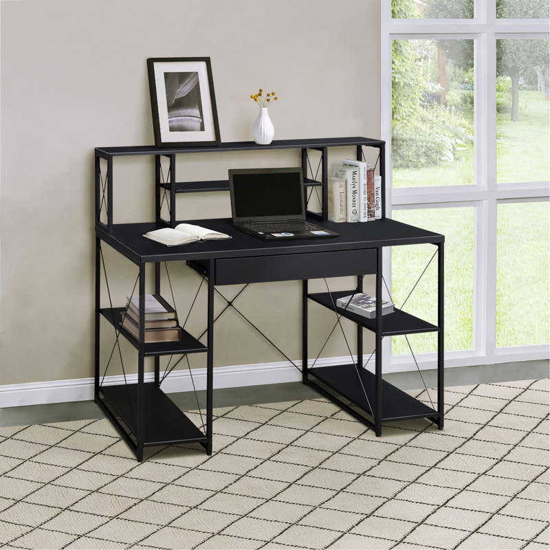 Bureau noir avec tablettes ouvertes et huche, Noir / Noir