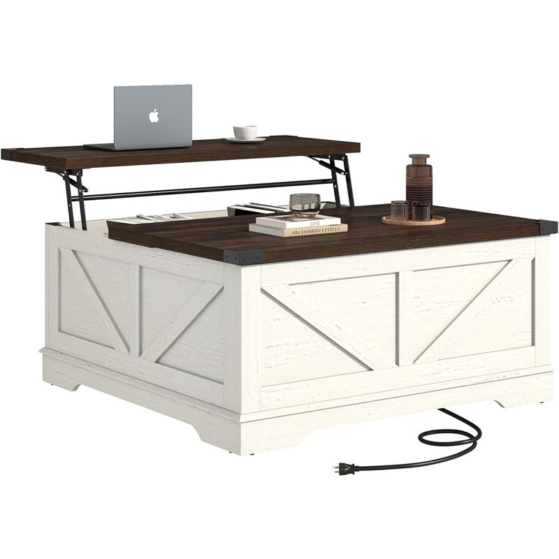 Table basse à plateau relevable avec prises et rangement Farmhouse - Blanc rustique