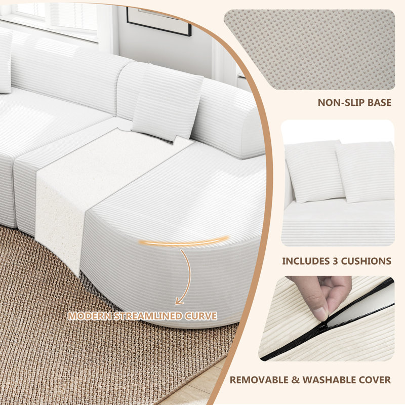 Modern Style Curved Sofa, Upholstery Boneless Corduroy Sofa Couch with 3 Pillows, Oversized Sleek Curved Sectional Boucle Fabric Couch for Living Room