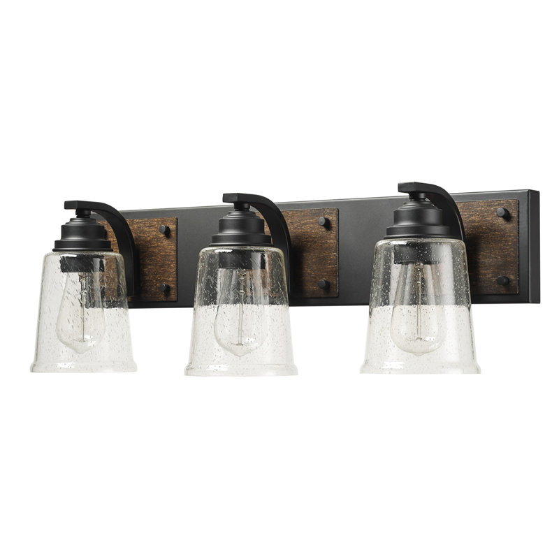 Matte Black and Faux Wood 24" Dimmable Vanity Light with Seeded Glass Shades
