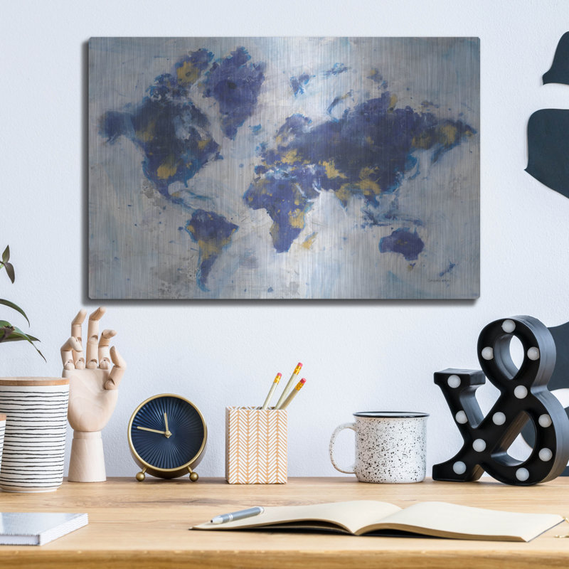 17 Stories 'Indigo World Map' by Danhui Nai Metal Wall Art, 12" H x 16" W
