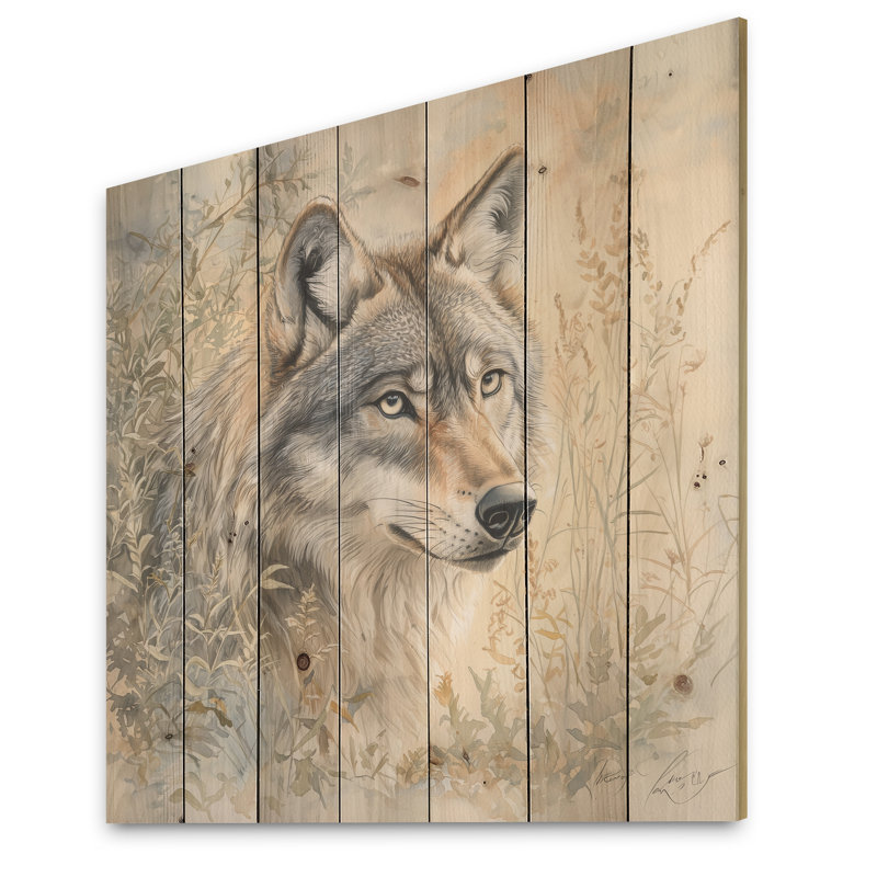 Loup rétro au clair de lune - Décoration murale moderne en bois sur bois de pin naturel, H 25 po x l 25 po