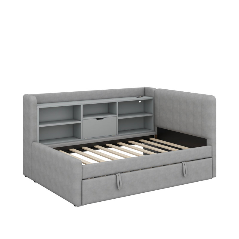 Lit de jour simple rembourré avec lit gigogne, tablettes de rangement, port USB et prise de courant, Gris