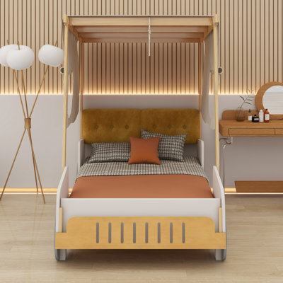 Wood Car Bed With Pillow, Ceiling Cloth