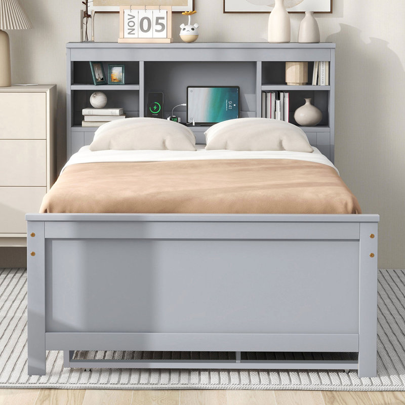 Lit plateforme simple avec tête de lit à rangement, USB, lit gigogne simple et 3 tiroirs, gris