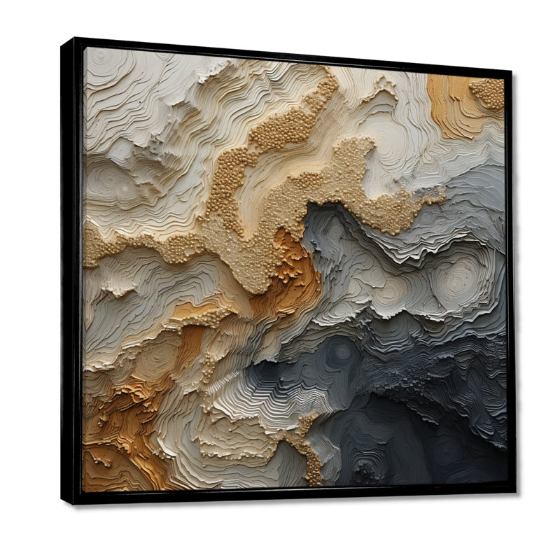 Gold and Beige River Spiral - Print, 44" H x 44" W, Black Floater Framed