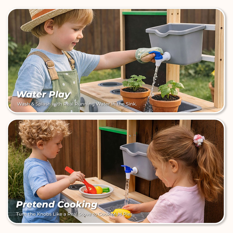 Teamson Kids Clover Wooden Mud Kitchen With Water Station And Chalkboard