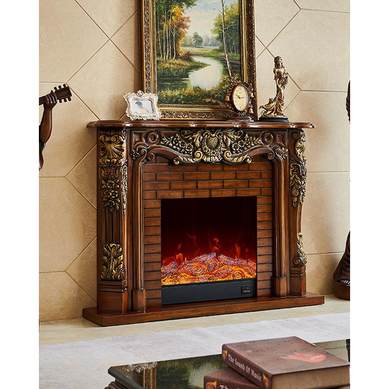 European-style solid wood retro simulated flame decorative fireplace, Brown
