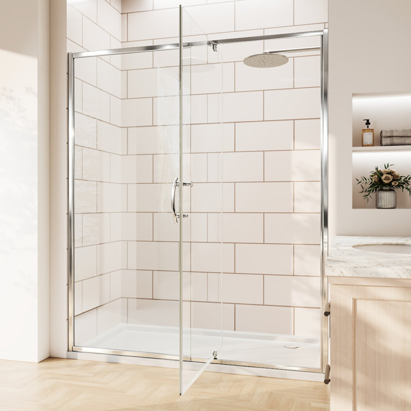 Privdr Ajustement de la largeur de la porte de douche pivotante avec cadre pivotant de 56 à 60 po x H 71 po sans découpe en verre trempé transparent de 1/4 po