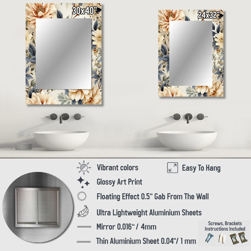 Joseph Antique Autumn Floral Elegance - miroir floral, miroir mural unique, impression sur métal, 32 po x 24 po