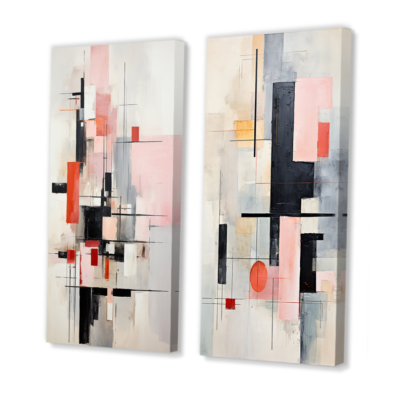 «Perspectives fragmentées de rose et de suprématisme» - 2 pièces, Toile tendue, H 40 po x l 40 po