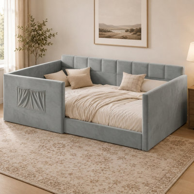 Full Size Velvet Upholstered Daybed with Storage Pocket, Modern Sofa Bed with High Side Panels, Space-Saving Guest Bed for Kids Room, Bedroom and Living Room