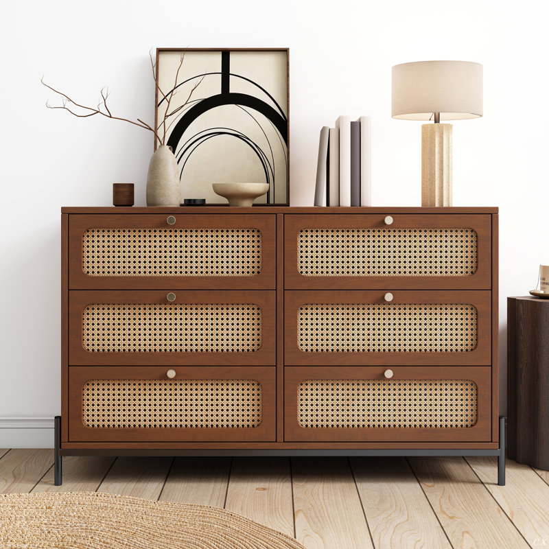 Commode 6 tiroirs, commode en bois de rotin avec commode 6 tiroirs, Noyer