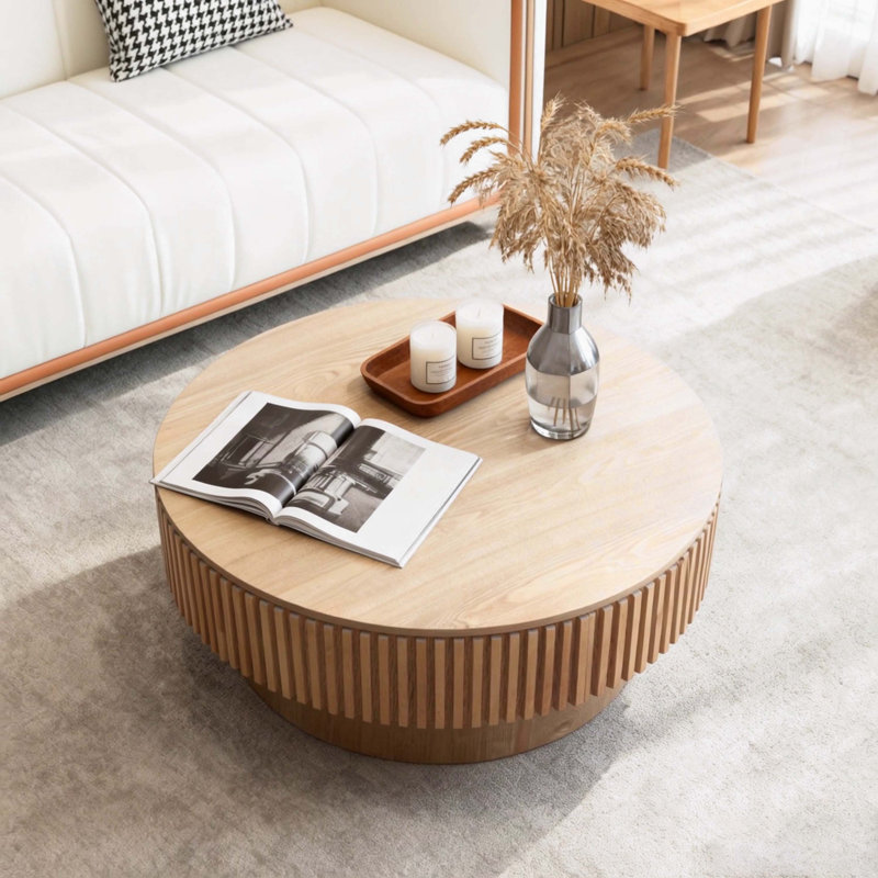 Table basse 31,5 po ronde avec rangement Table d'appoint moderne en placage de bois massif pour salon, chambre à coucher, appartement ou bureau, bois naturel