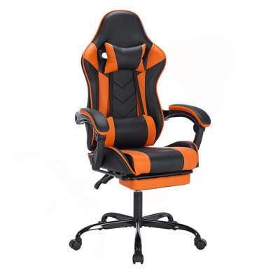 Fauteuil de jeu avec repose-pieds, fauteuil d'ordinateur ergonomique avec appui-tête et support lombaire, fauteuil de jeu vidéo réglable en hauteur respirant pour adultes, noir orange