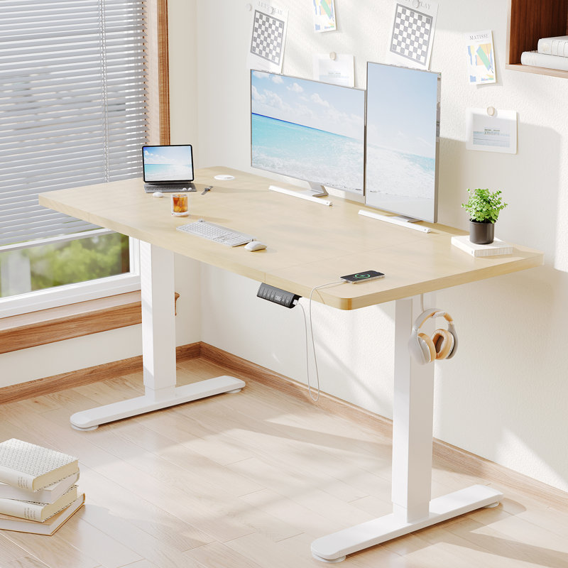 Adjustable Metal Base Standing Desk, 72cm H x 140cm W x 70cm D, Beige/White