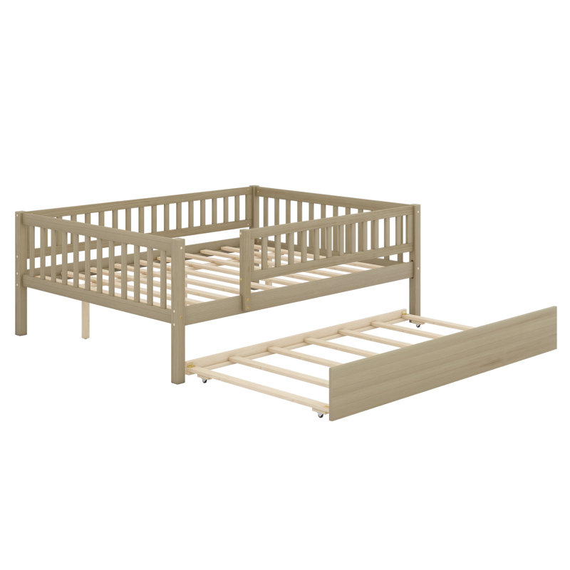 Wood Daybed with Trundle and Fence Guardrails, Natural, Full