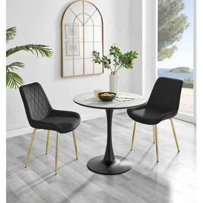 Eubanks White Marble Effect Melamine Round 80cm Dining Table And Chairs - 2 Velvet Dining Chairs