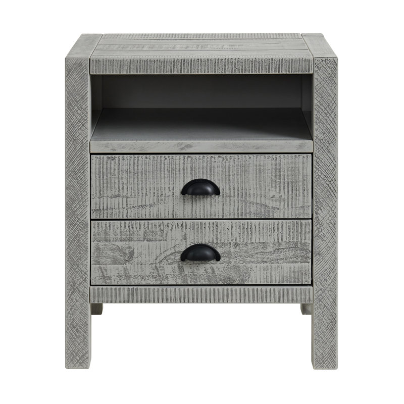 Arden 22" W Industrial Farmhouse Bohemian Style Rectangular Nightstand With 2 Drawers 1 Open Shelf, Gray