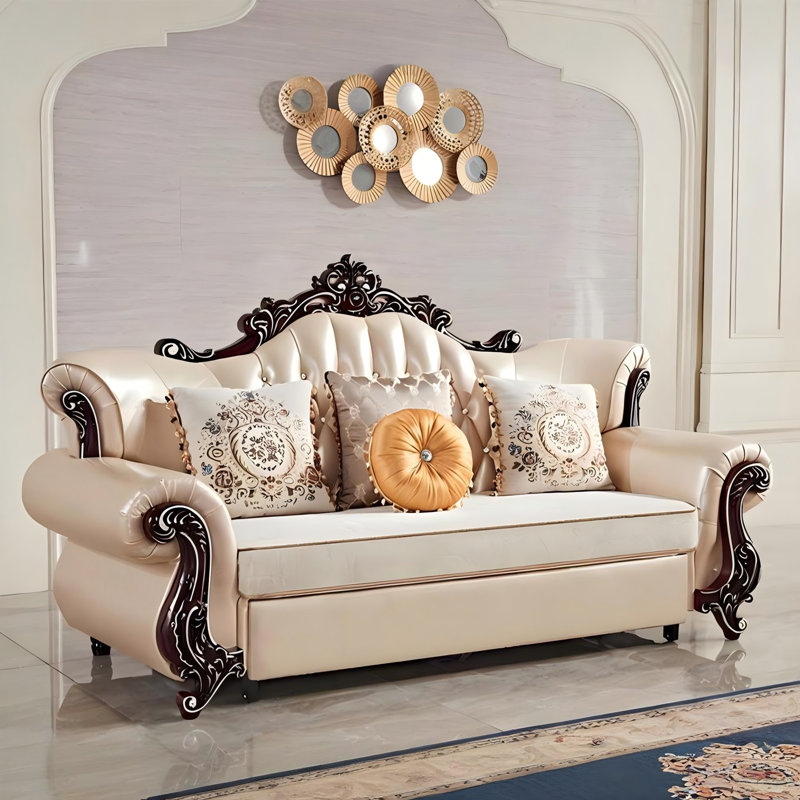 Canapé-lit convertible 90,55 po Modern Light Luxury Champagne extensible, structure en bois massif sculpté avec surfaces de contact en cuir fleur