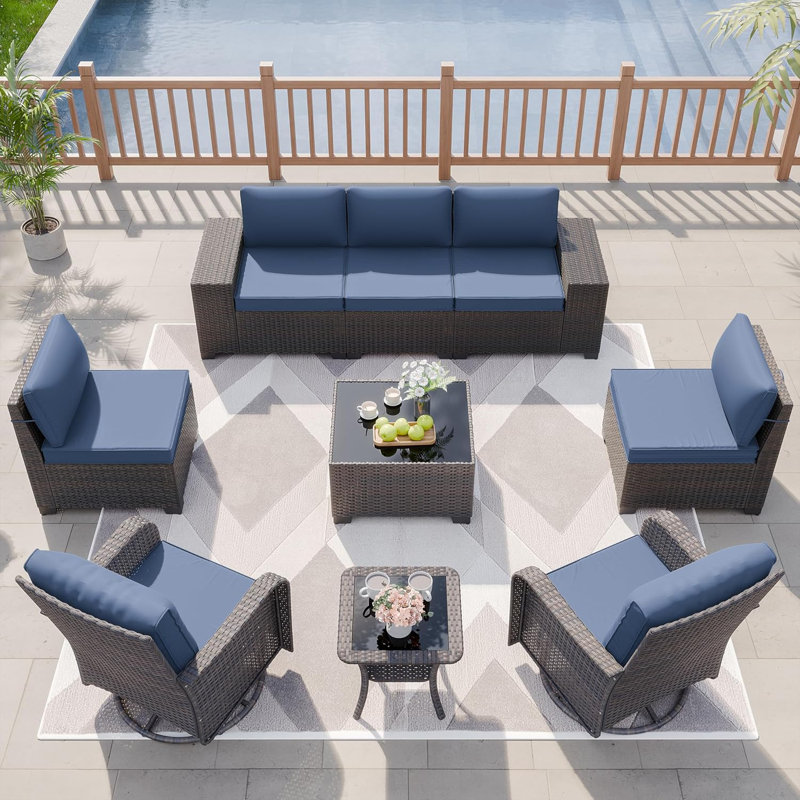 9-Piece All-Weather Wicker Outdoor Patio Set With Cushioned Modular Sectional, Swivel Rocking Chairs & Tables, Navy