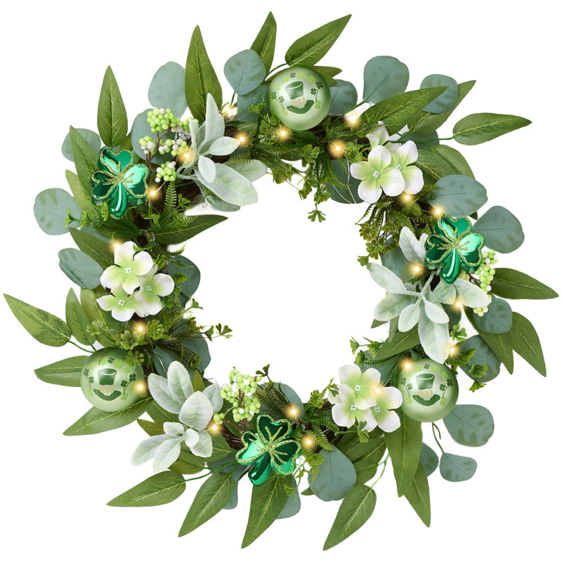 Couronne de porte pliable Valery Madelyn avec lumière, couronne de printemps avec trèfle à trèfle, centre de table, cadeau du préfet et décoration pour fête irlandaise - 24 po