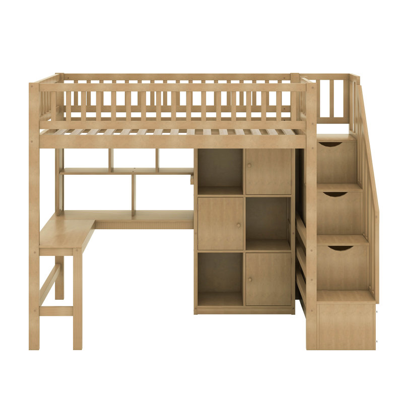 Twin Size Loft Bed With Built-In Desk, LED, Storage Shelves, Cabinets And Staircase, Walnut