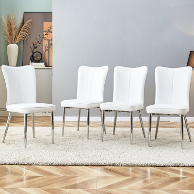 4 Dining Chair With White Pu Seats, Comfortable High Cushion, Silver Metal Legs Modern And Office Combination, Material, Vertical Stripe Back For Comfort