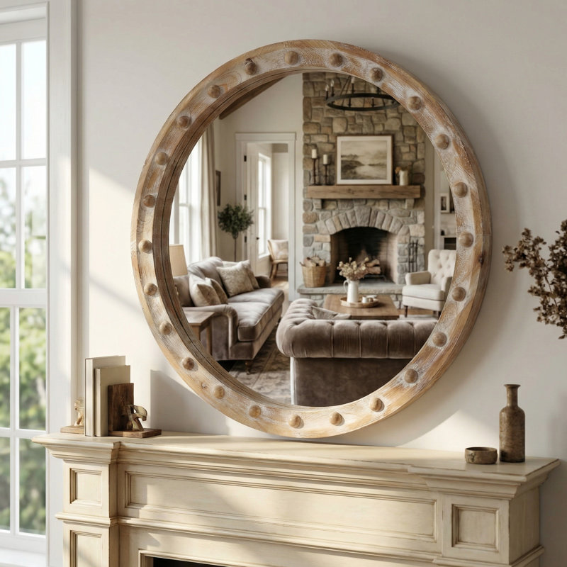 Miroir mural rond rustique 23,62 po avec cadre à rivets et miroir décoratif préinstallé avec grande surface réfléchissante pour le salon de la chambre à coucher, bois naturel