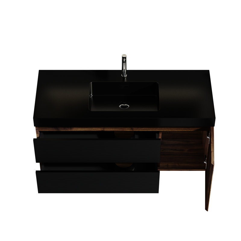 Meuble-lavabo moderne de 48 po de couleur noyer, lavabo noir mat, 1 porte, 2 tiroirs, panneau E1, laque à base d'eau E0, lavabo à comptoir à rebord profond de 4,7 po, installation facile et noir, mur