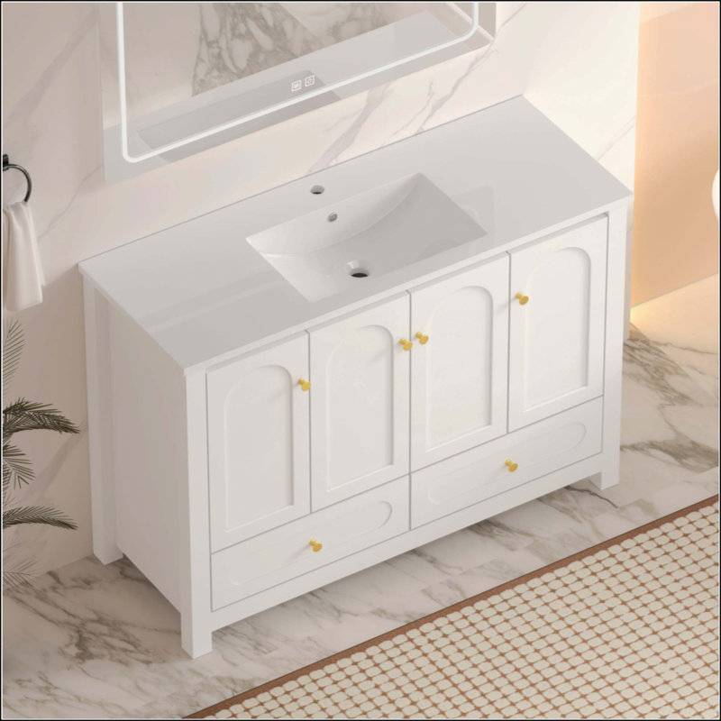 Meuble-lavabo de salle de bain avec lavabo en résine, armoire de rangement abondante - 4 portes à fermeture douce et 2 tiroirs