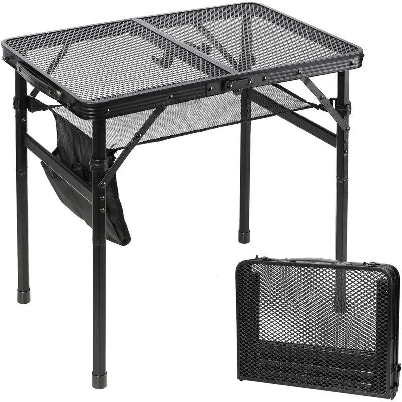 Petite table de barbecue flottante avec couche en filet, 2 tables de camping en métal réglables en hauteur, portables et légères pour l'extérieur, la plage et le barbecue - Compact (2 pi, noir)