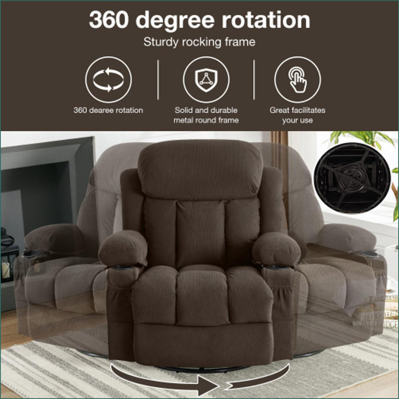 Canapé inclinable avec balançoire, massage et amp; Chauffage | USB, 2 porte-gobelets, poches latérales | Velours noyer brun