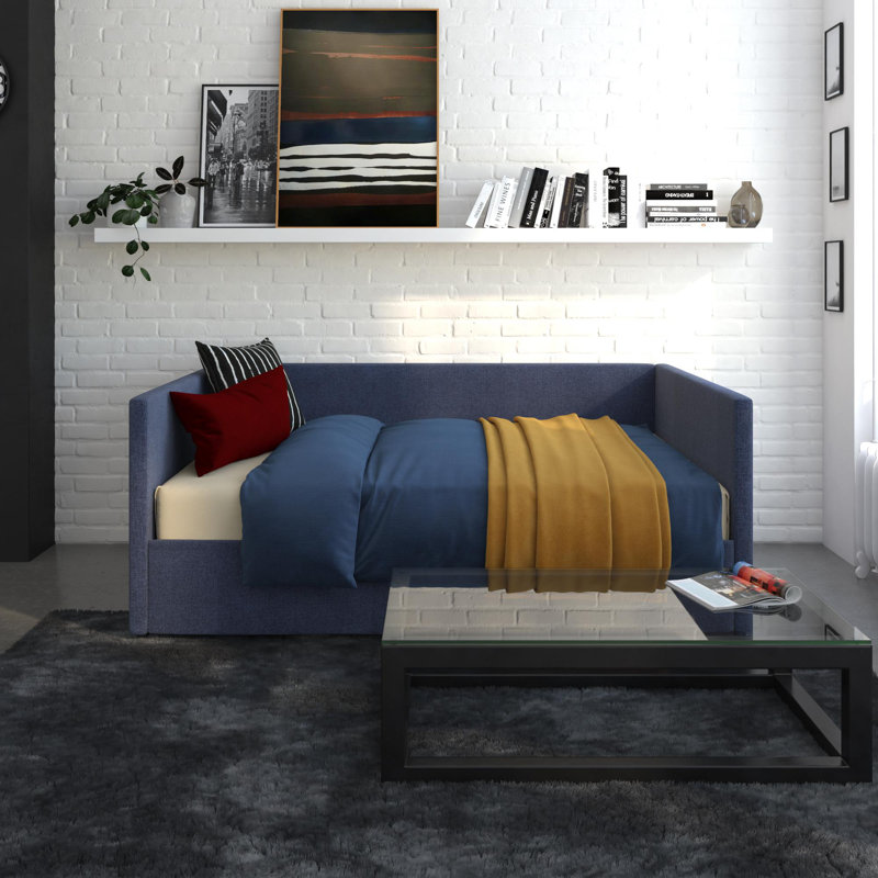 Dmitry Upholstered Daybed with Drawers, Blue Linen, Full